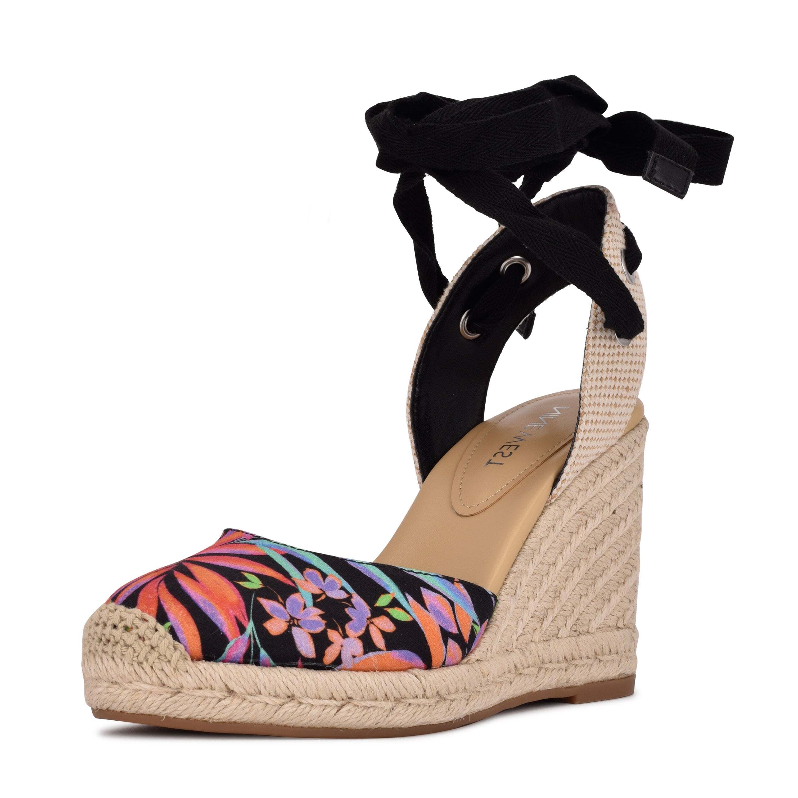 Nine West Black Multi Ankle Wrap Rounded Closed Toe Espadrille Wedges Sandals (Black Multi, 8.5)